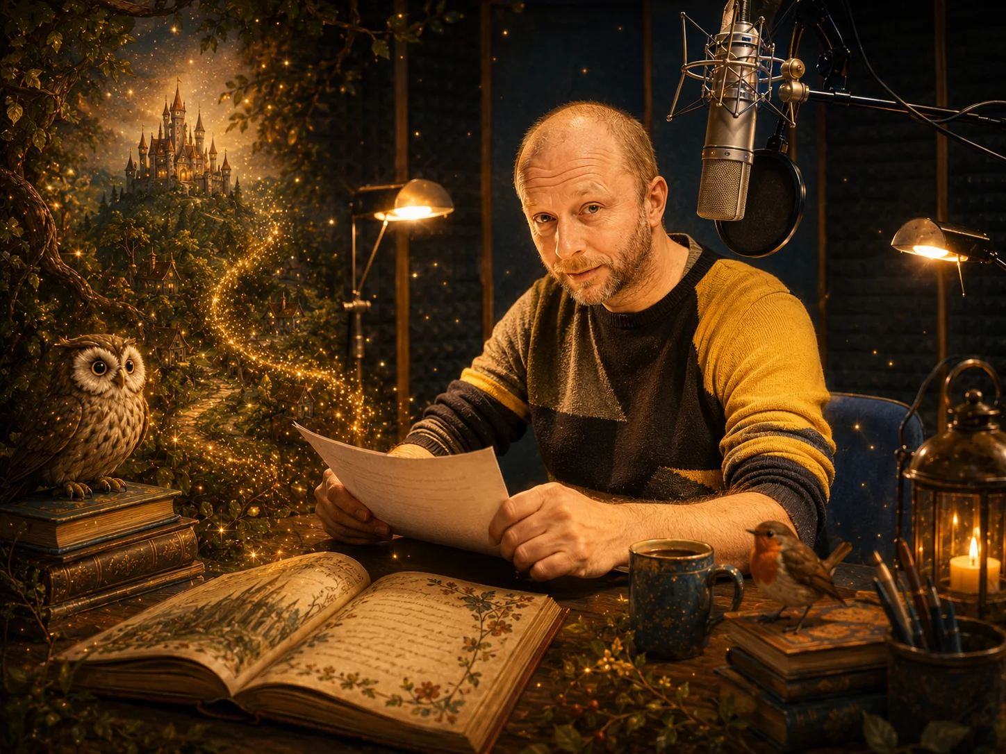 Herec Jakub Albrecht ve studiu nahrává audioverzi Zvědohlavovy pohádky