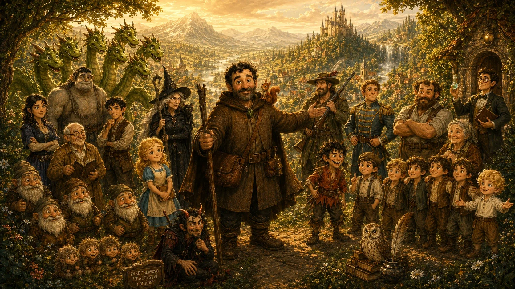 Zvědohlav uprostřed pohádkového světa obklopený postavami z 21 pohádek